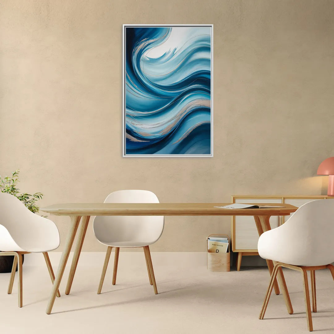 Tranquil Oceanic Movement Blue Abstract - Living Room White Frame Canvas