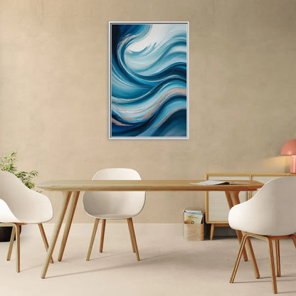 Tranquil Oceanic Movement Blue Abstract - Living Room White Frame Canvas