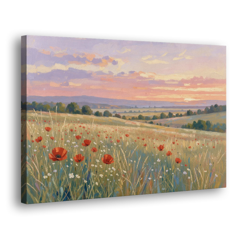 Tranquil Poppy Meadow at Lavender Dusk - Canvas Wall Art