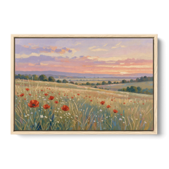 Tranquil Poppy Meadow at Lavender Dusk - Oak Framed Canvas Wall Art - Front