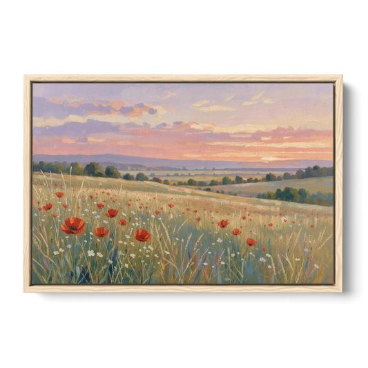 Tranquil Poppy Meadow at Lavender Dusk - Oak Framed Canvas Wall Art - Front