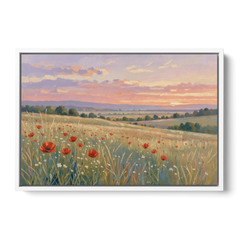 Tranquil Poppy Meadow at Lavender Dusk - White Framed Canvas Wall Art - Front