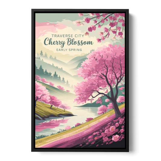 Traverse City Cherry Blossom Landscape - Black Framed Canvas Wall Art - Front