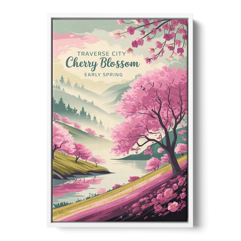 Traverse City Cherry Blossom Landscape Front - White Canvas Wall Art