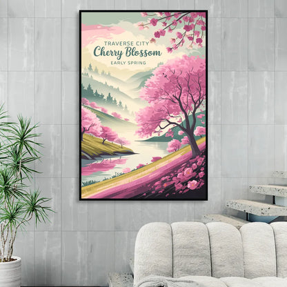 Traverse City Cherry Blossom Landscape Sitting Room - Black Canvas Wall Art