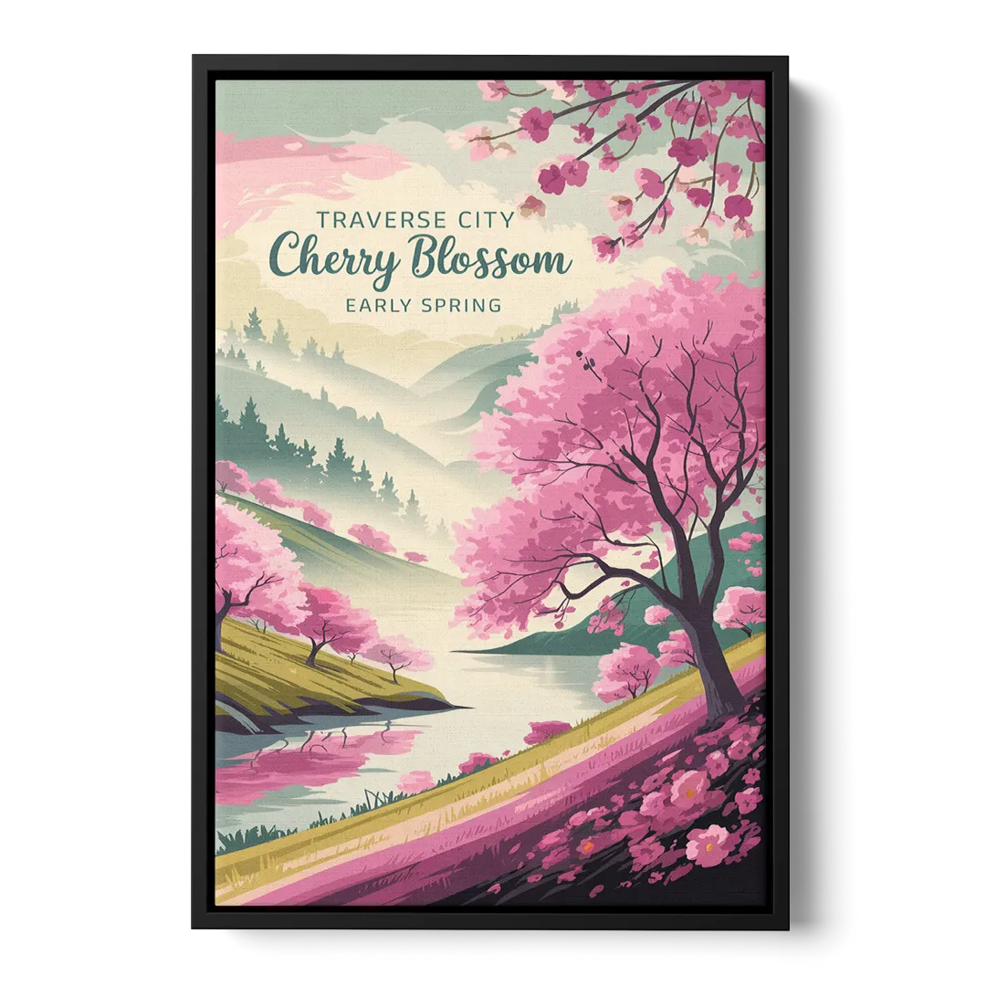 Traverse City Cherry Blossom Landscape Front - Black Canvas Wall Art