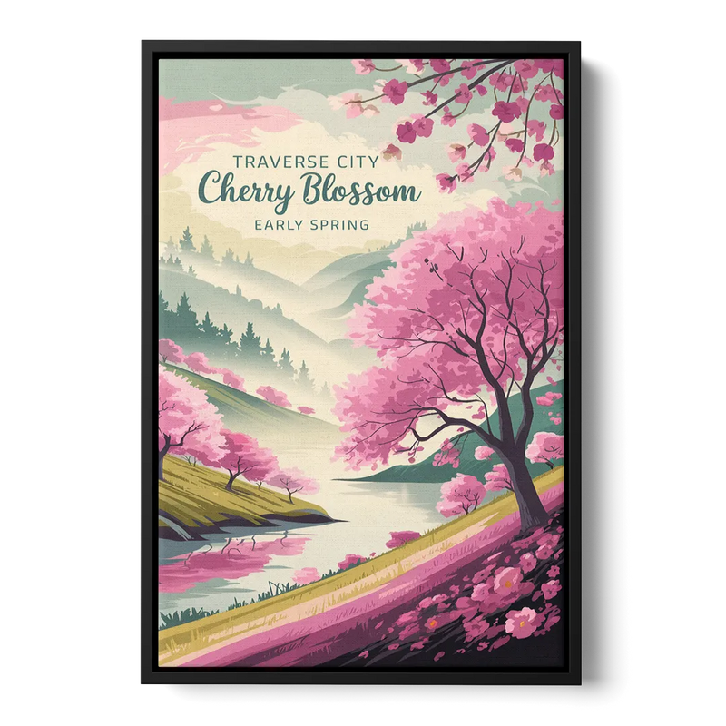 Traverse City Cherry Blossom Landscape Front - Black Canvas Wall Art