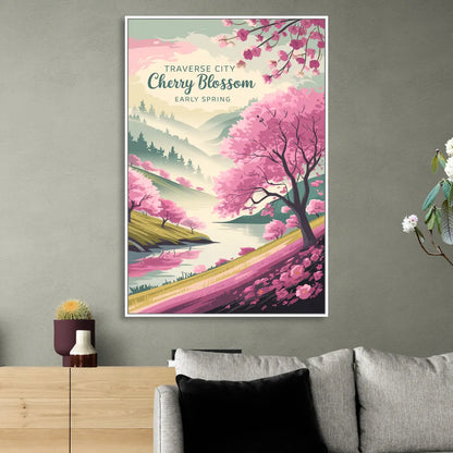 Traverse City Cherry Blossom Landscape Living Room - White Canvas Wall Art