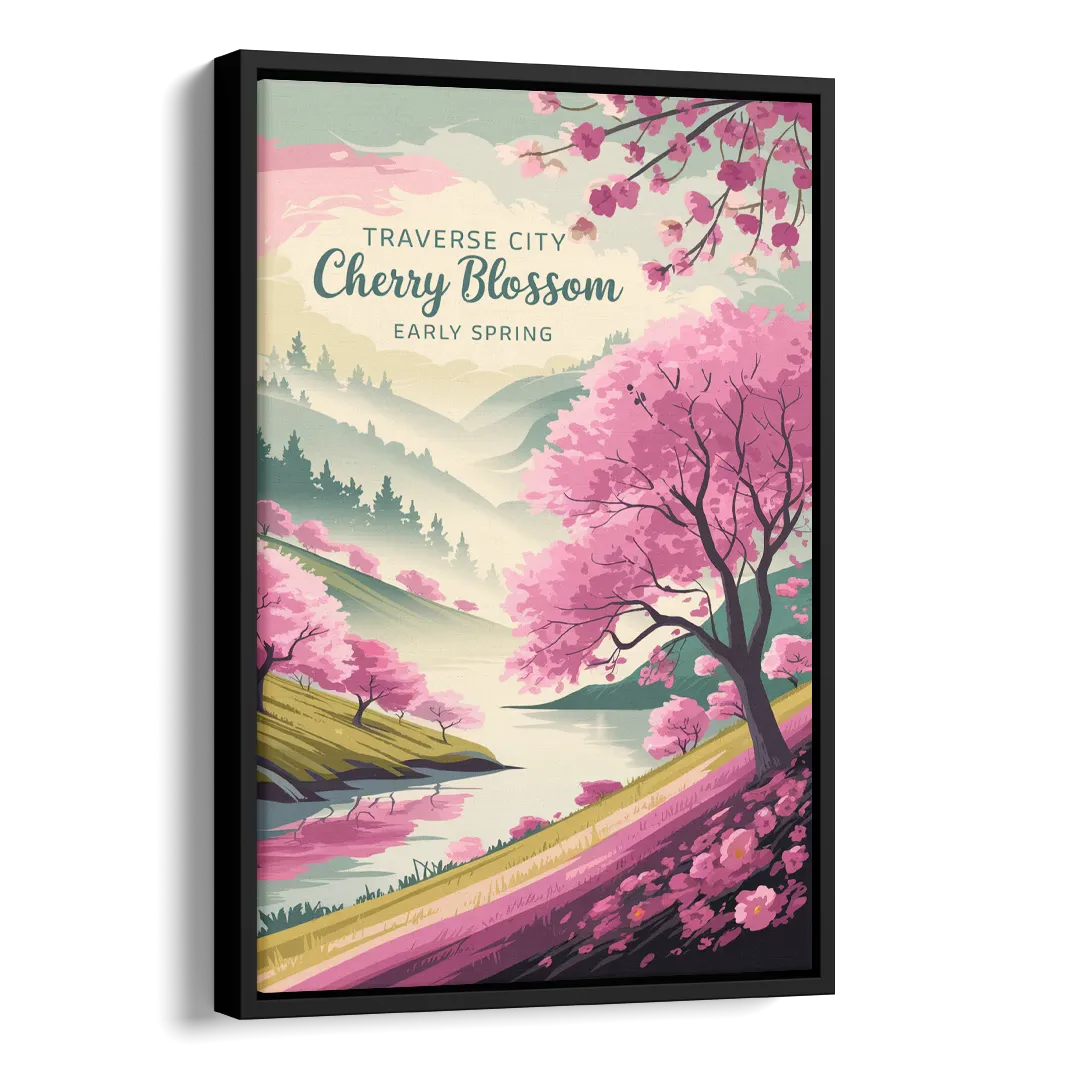 Traverse City Cherry Blossom Landscape Side - Black Canvas Wall Art