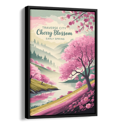 Traverse City Cherry Blossom Landscape Side - Black Canvas Wall Art