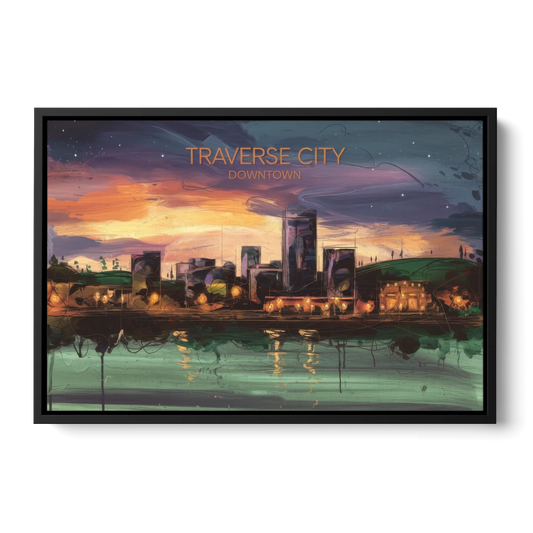 Traverse City Downtown Skyline - Black Framed Canvas Wall Art - Front