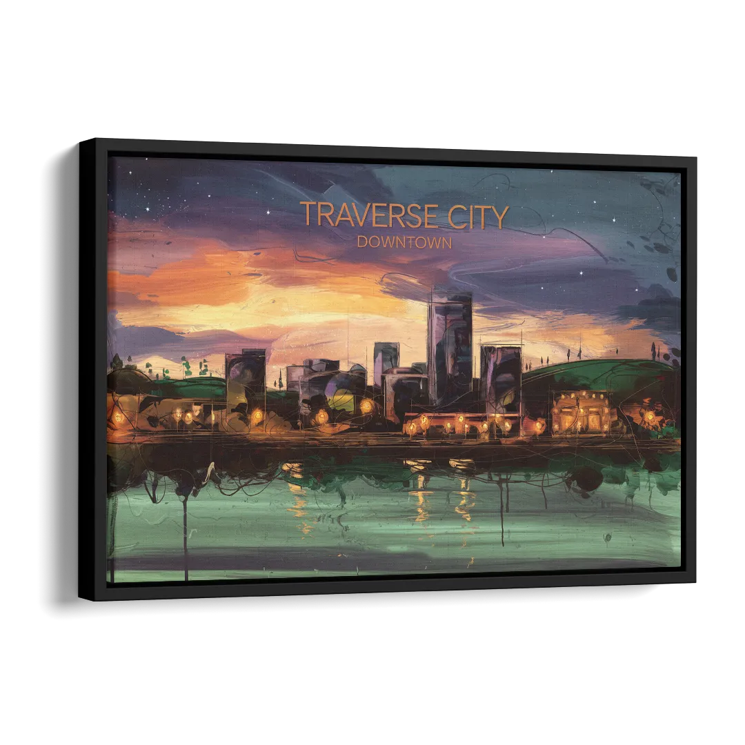 Traverse City Downtown Skyline Side - Black Canvas Wall Art
