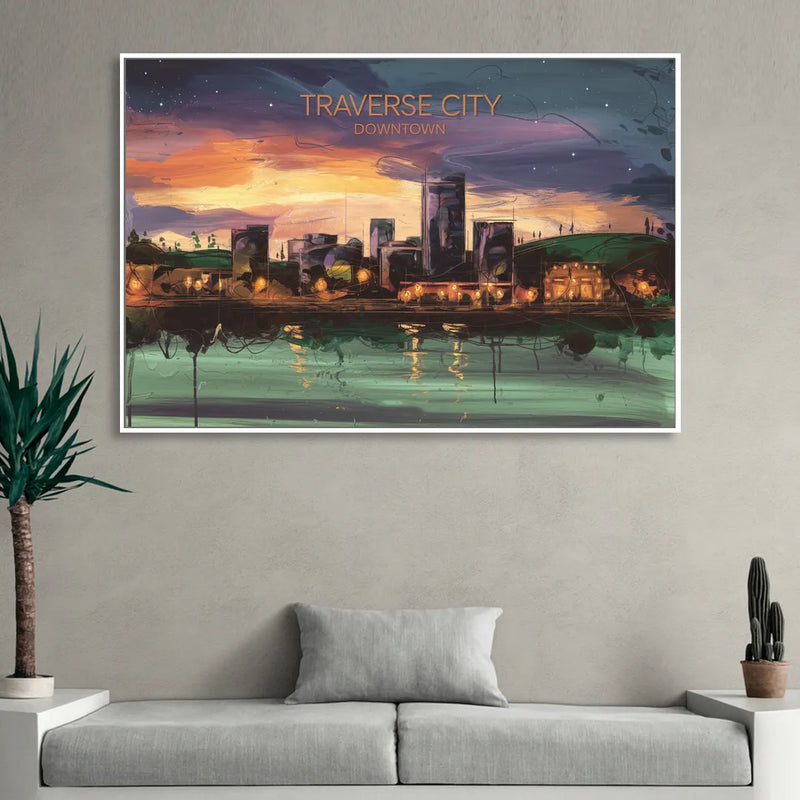 Traverse City Downtown Skyline Sitting Room - White Canvas Wall Art