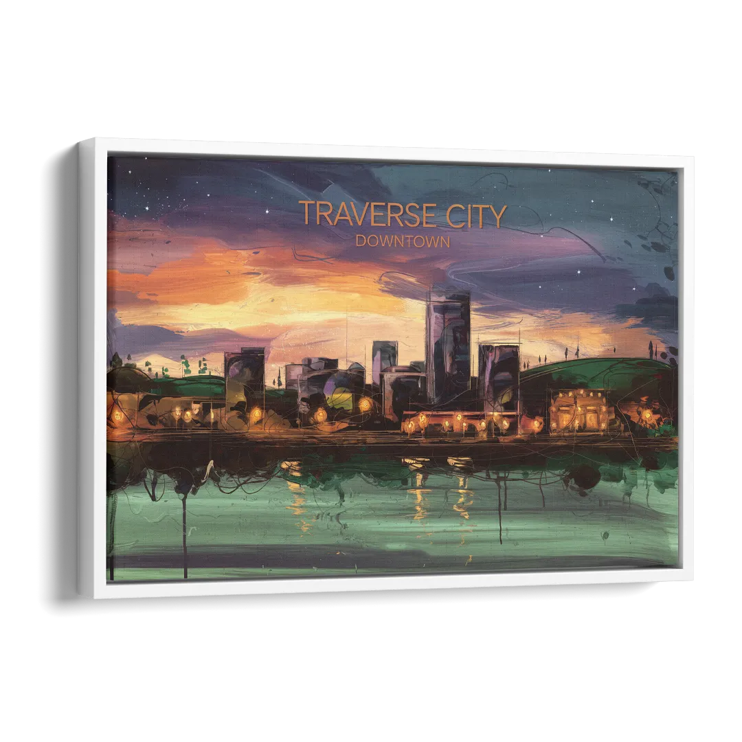 Traverse City Downtown Skyline Side - White Canvas Wall Art