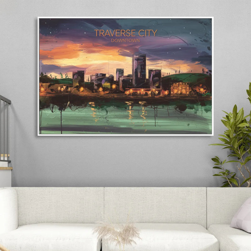 Traverse City Downtown Skyline Living Room - White Canvas Wall Art
