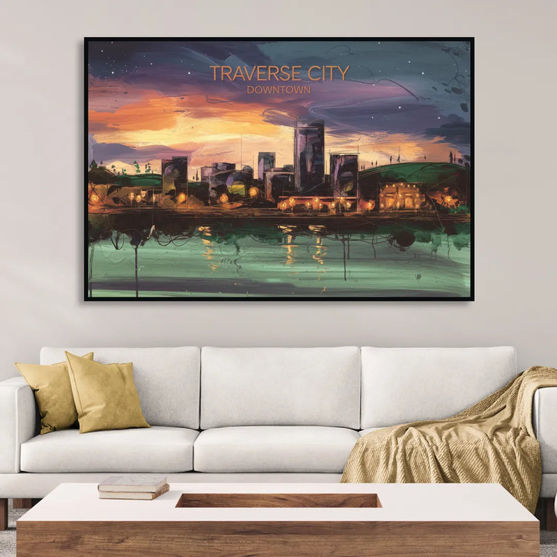 Traverse City Downtown Skyline Sitting Room - Black Canvas Wall Art