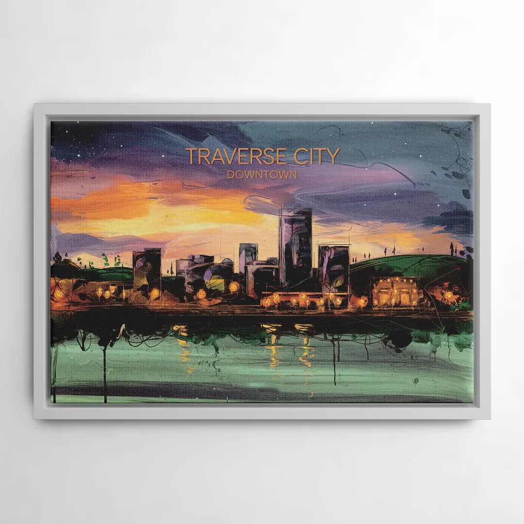 Traverse City Downtown Skyline - White Frame Canvas