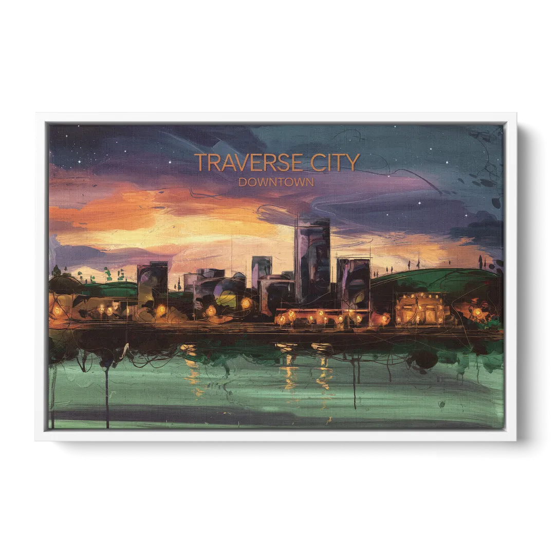 Traverse City Downtown Skyline Front - White Canvas Wall Art