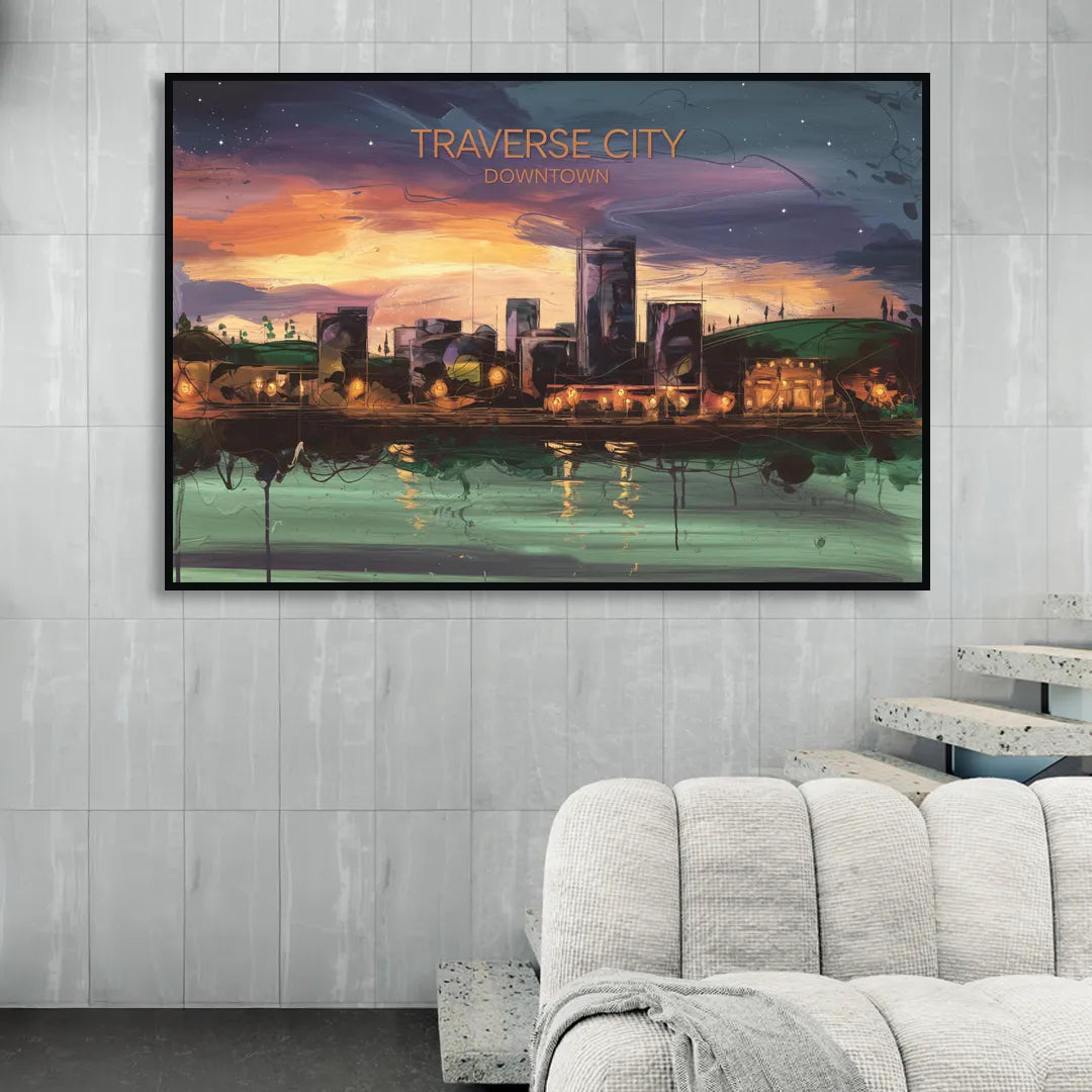 Traverse City Downtown Skyline Living Room - Black Canvas Wall Art