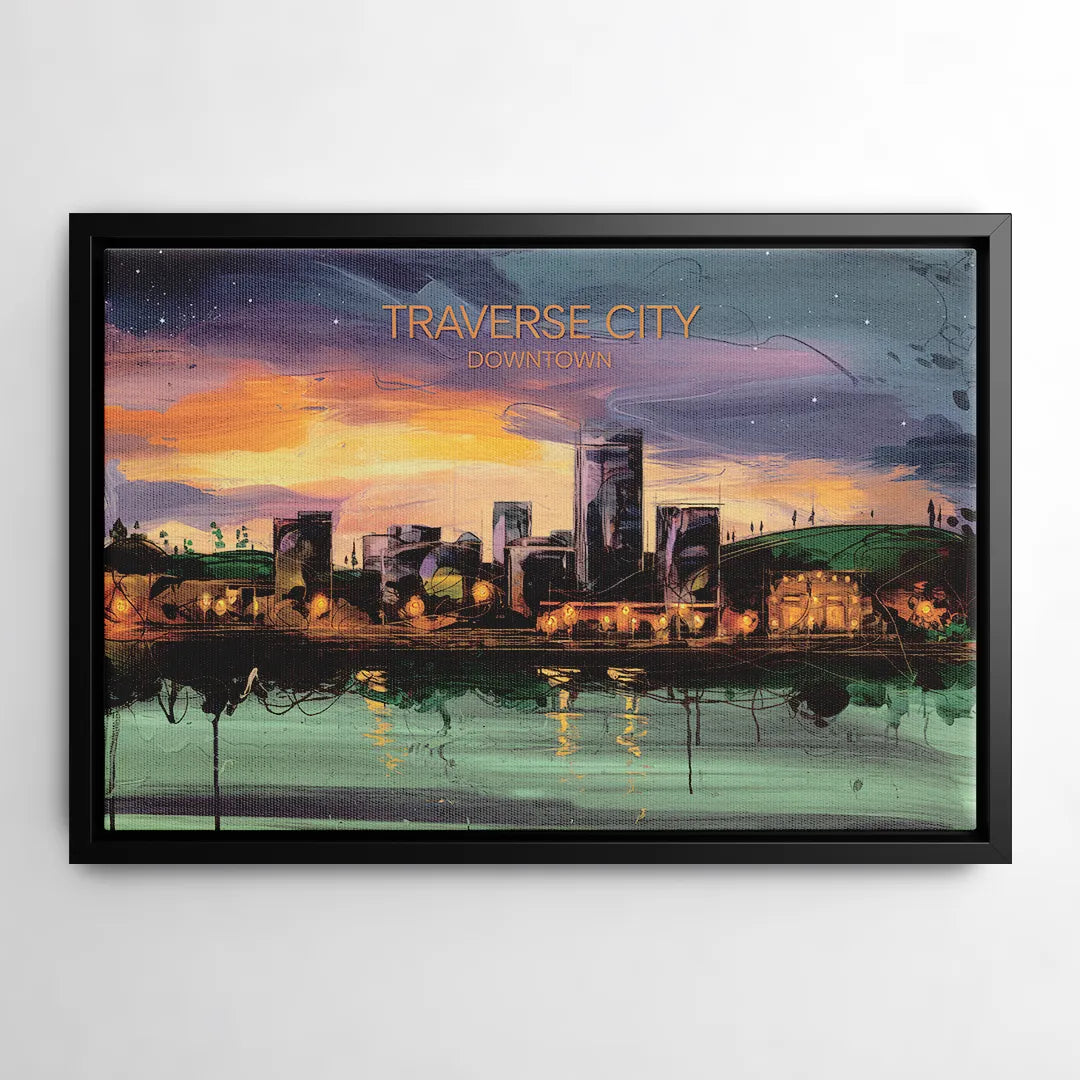 Traverse City Downtown Skyline - Black Frame Canvas