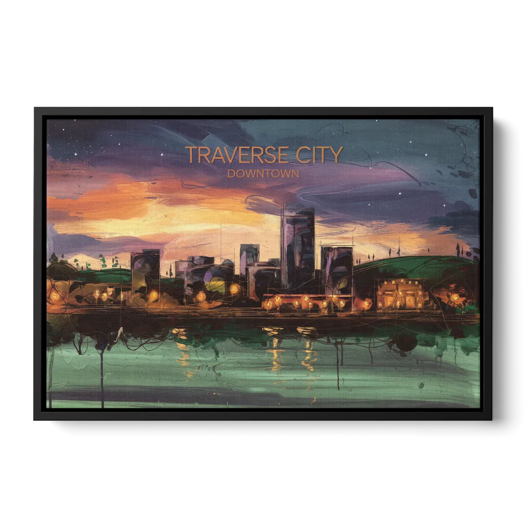 Traverse City Downtown Skyline Front - Black Canvas Wall Art
