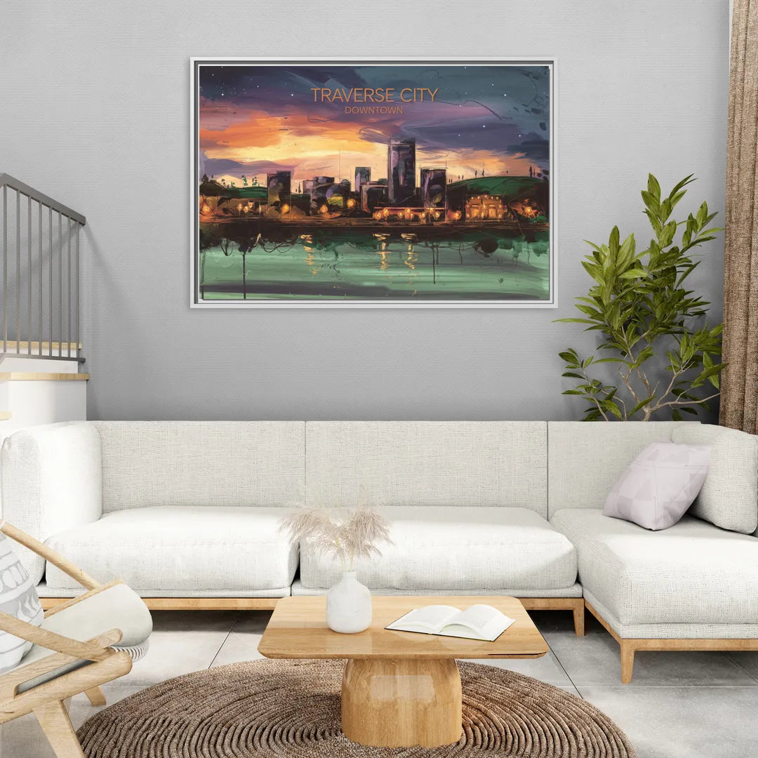 Traverse City Downtown Skyline - Living Room White Frame Canvas