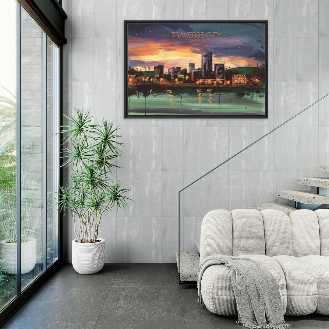 Traverse City Downtown Skyline - Living Room Black Frame Canvas