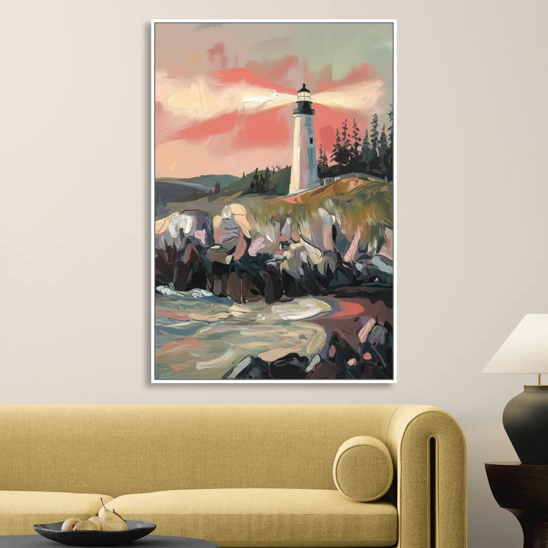 Traverse City Lighthouse View Living Room - White Canvas Wall Art