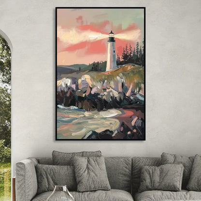 Traverse City Lighthouse View Living Room - Black Canvas Wall Art