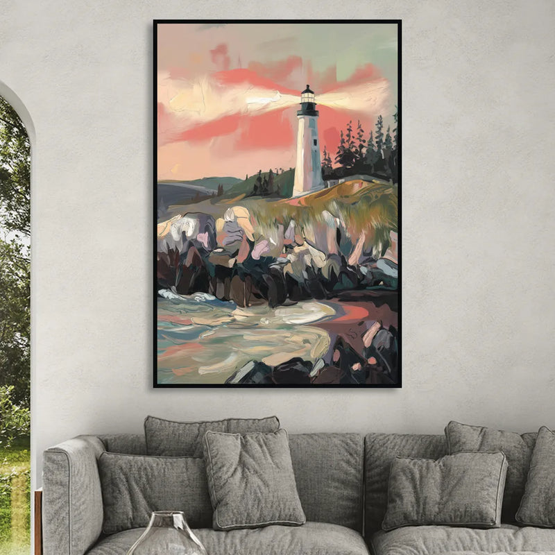 Traverse City Lighthouse View Living Room - Black Canvas Wall Art