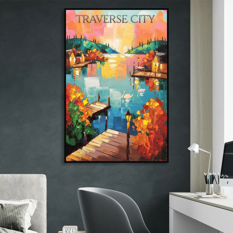 Traverse City Scenic Waterfront Living Room - Black Canvas Wall Art