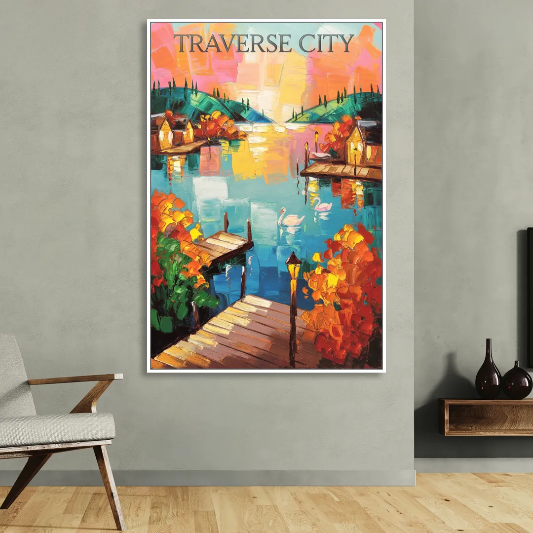 Traverse City Scenic Waterfront Living Room - White Canvas Wall Art