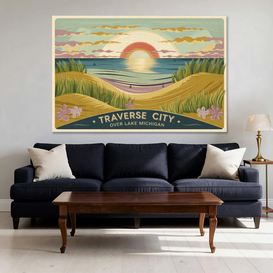 Traverse City Sunset Over Lake Michigan - Canvas Wall Art - Sofa - 60x40