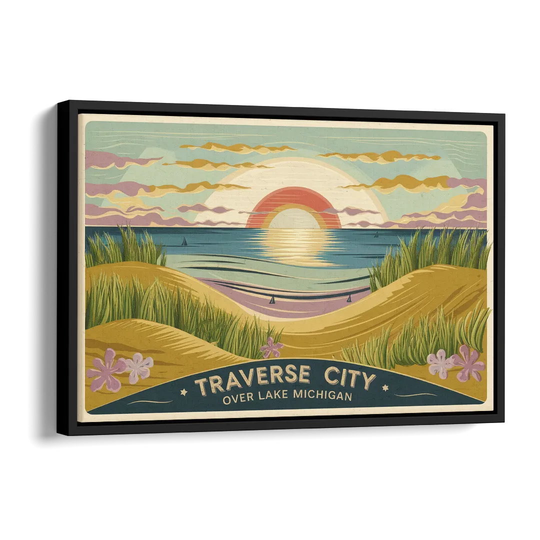 Traverse City Sunset Over Lake Michigan Side - Black Canvas Wall Art