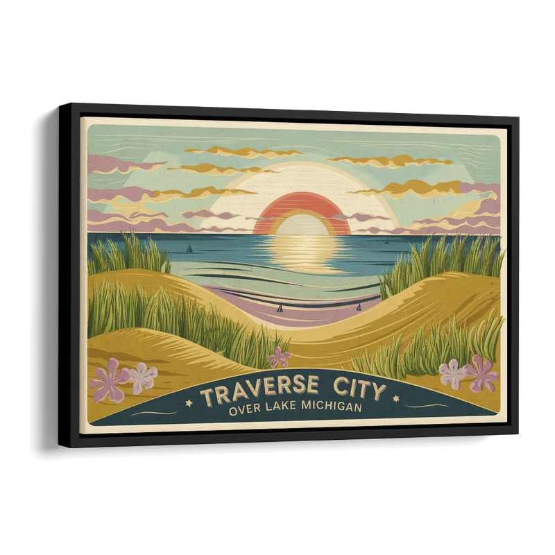 Traverse City Sunset Over Lake Michigan Side - Black Canvas Wall Art