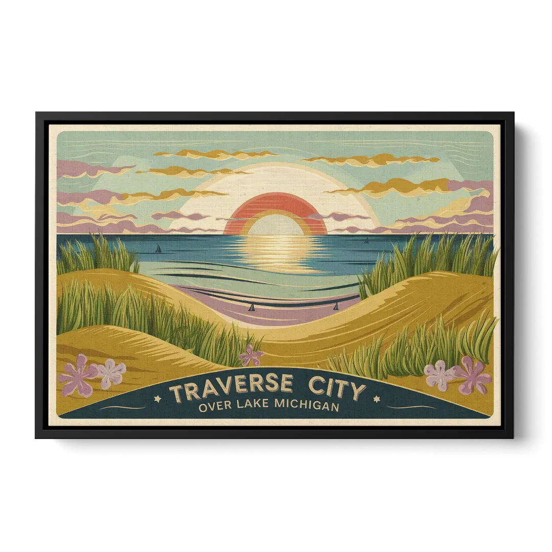 Traverse City Sunset Over Lake Michigan Front - Black Canvas Wall Art