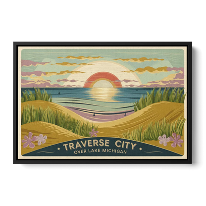 Traverse City Sunset Over Lake Michigan Front - Black Canvas Wall Art