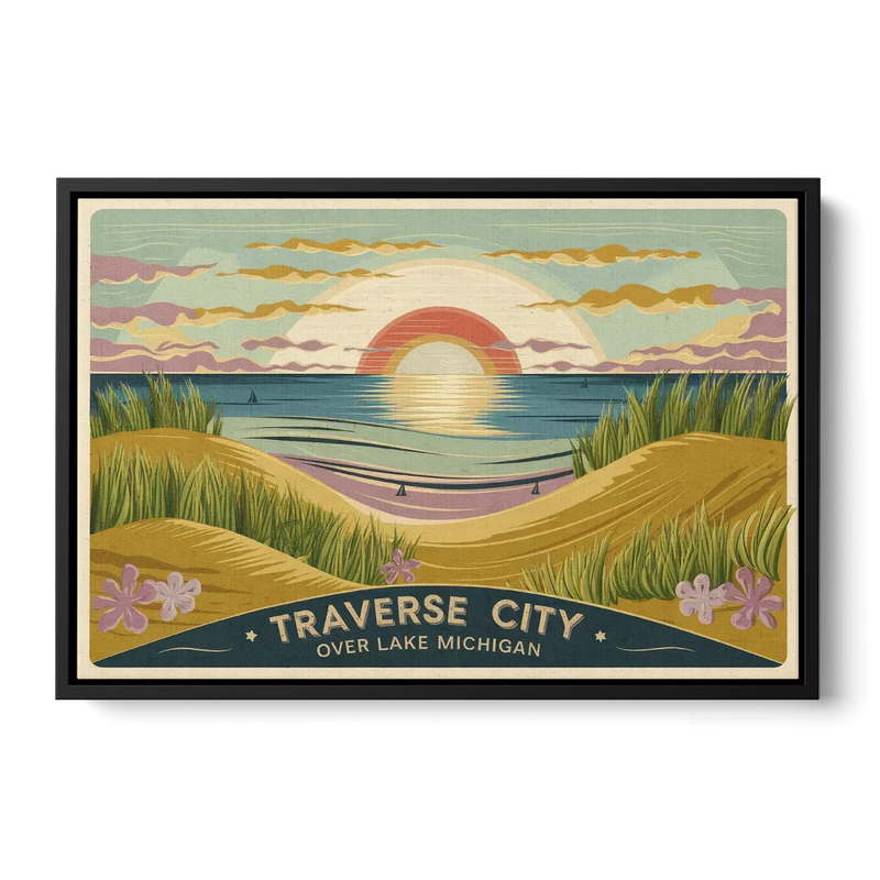 Traverse City Sunset Over Lake Michigan Front - Black Canvas Wall Art