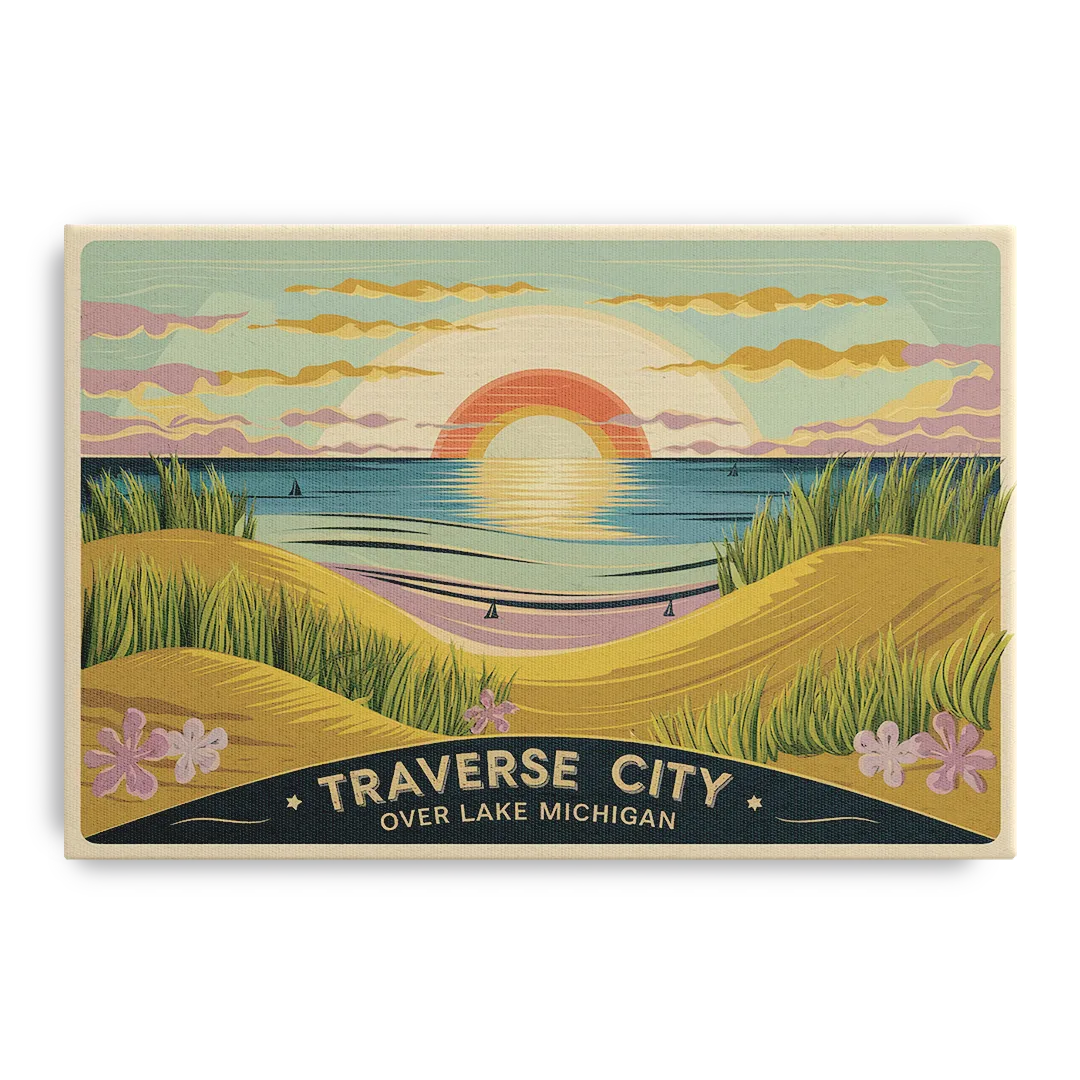 Traverse City Sunset Over Lake Michigan Front - Canvas Wall Art