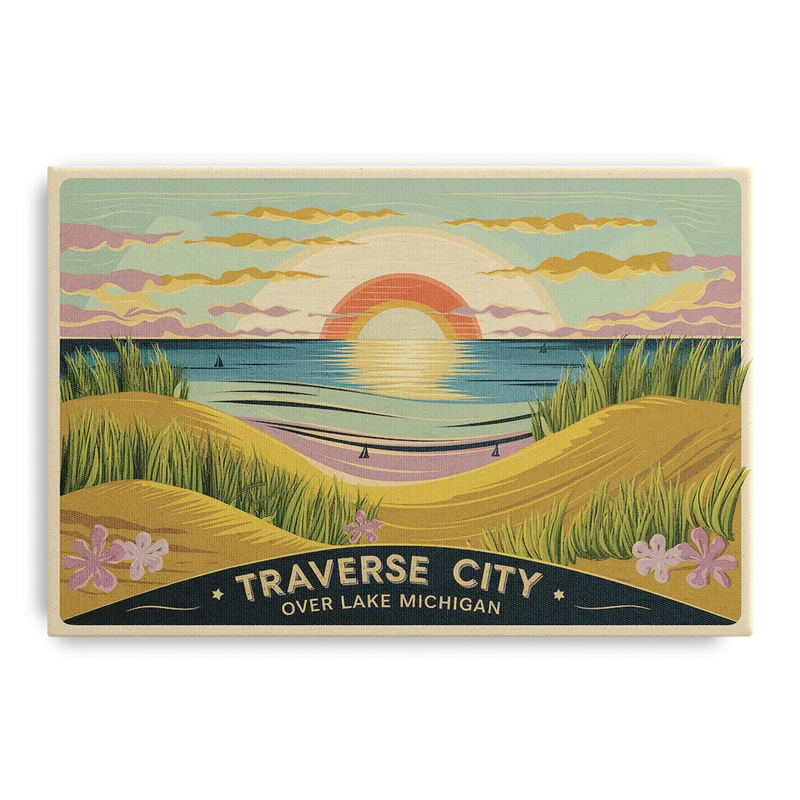 Traverse City Sunset Over Lake Michigan Front - Canvas Wall Art