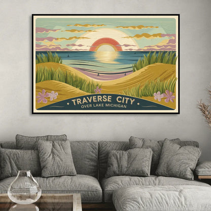 Traverse City Sunset Over Lake Michigan Living Room - Black Canvas Wall Art
