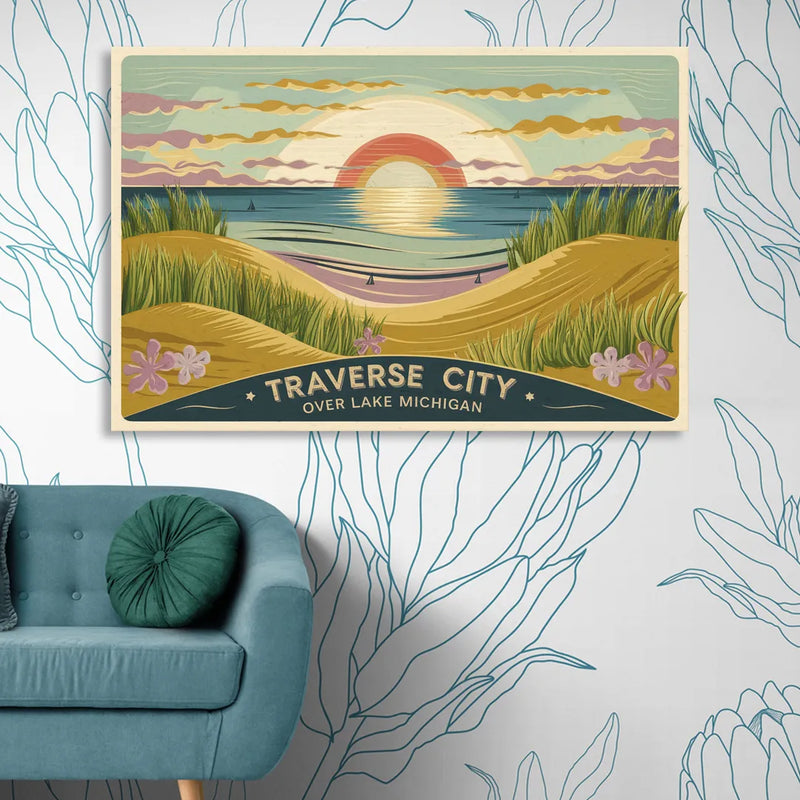 Traverse City Sunset Over Lake Michigan Living Room - Canvas Wall Art