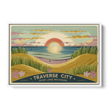 Traverse City Sunset Over Lake Michigan Front - White Canvas Wall Art
