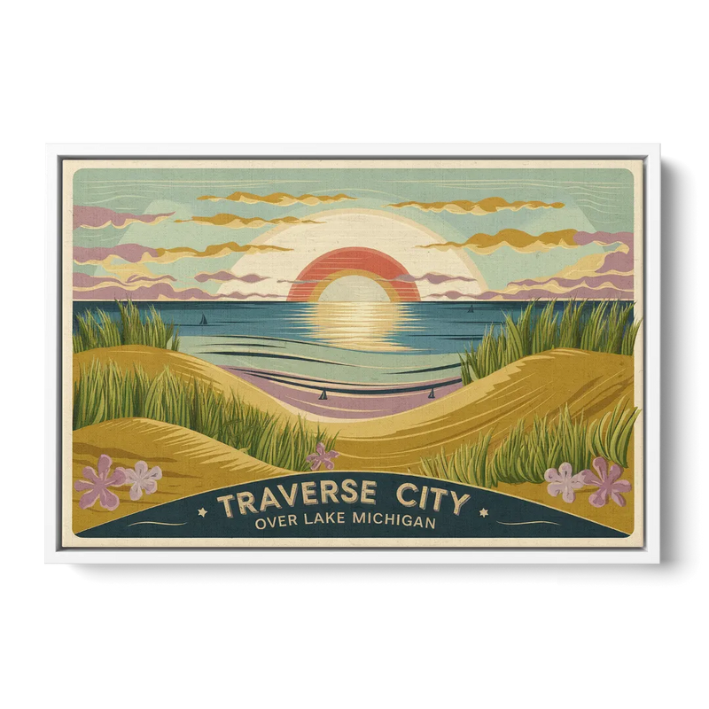 Traverse City Sunset Over Lake Michigan Front - White Canvas Wall Art