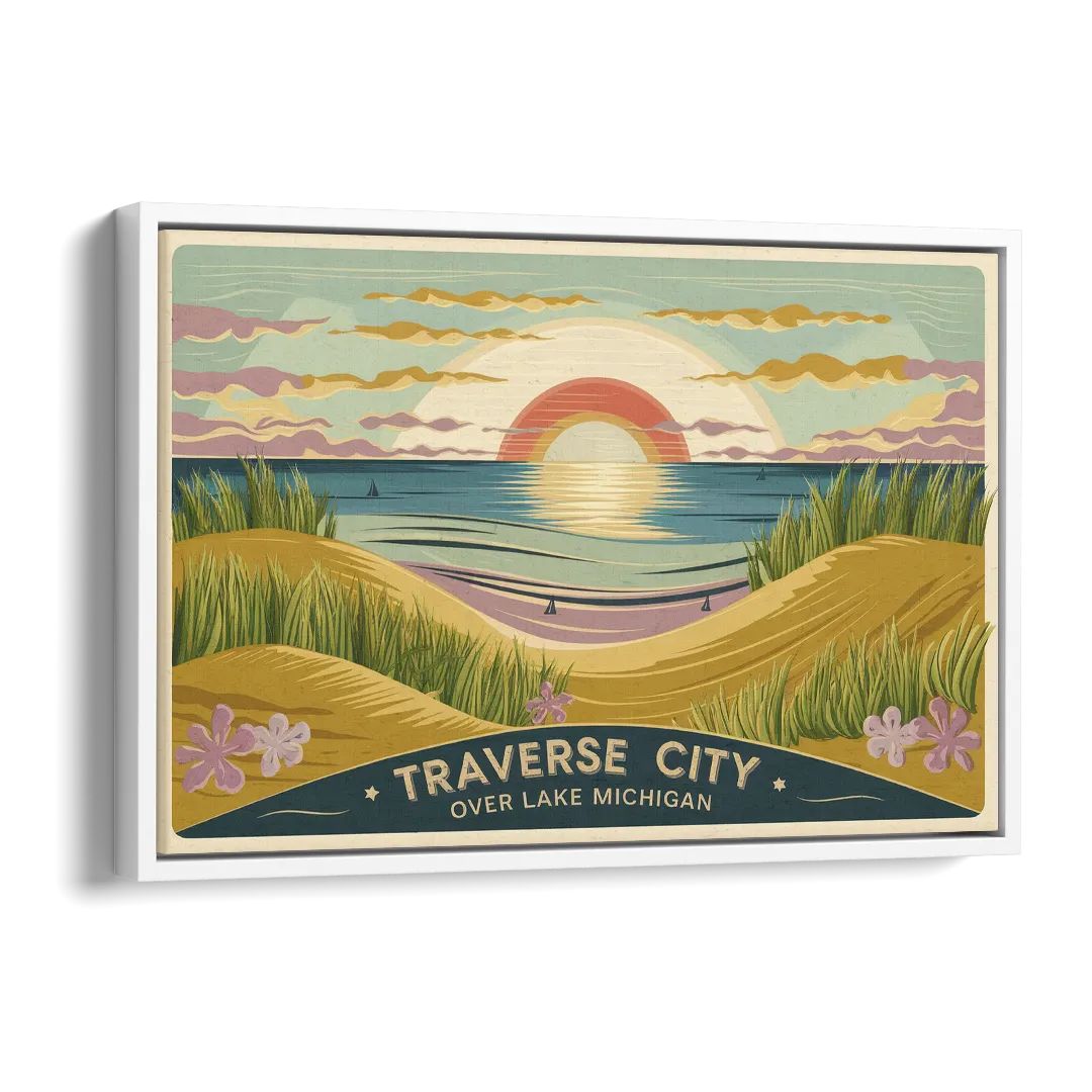 Traverse City Sunset Over Lake Michigan Side - White Canvas Wall Art