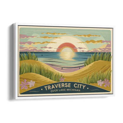 Traverse City Sunset Over Lake Michigan Side - White Canvas Wall Art