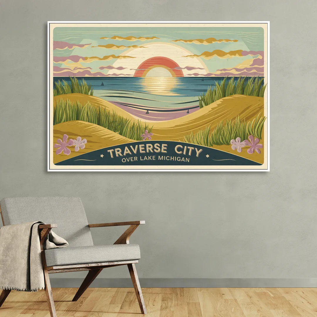 Traverse City Sunset Over Lake Michigan Sitting Room - White Canvas Wall Art