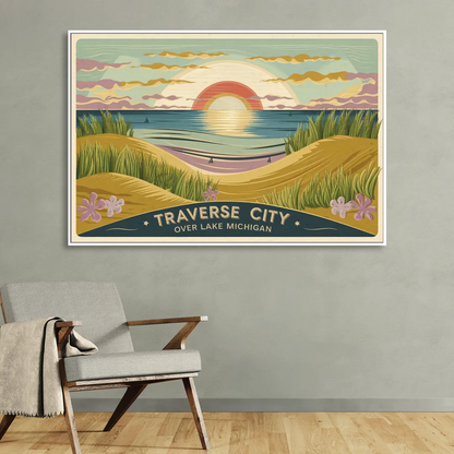 Traverse City Sunset Over Lake Michigan Sitting Room - White Canvas Wall Art