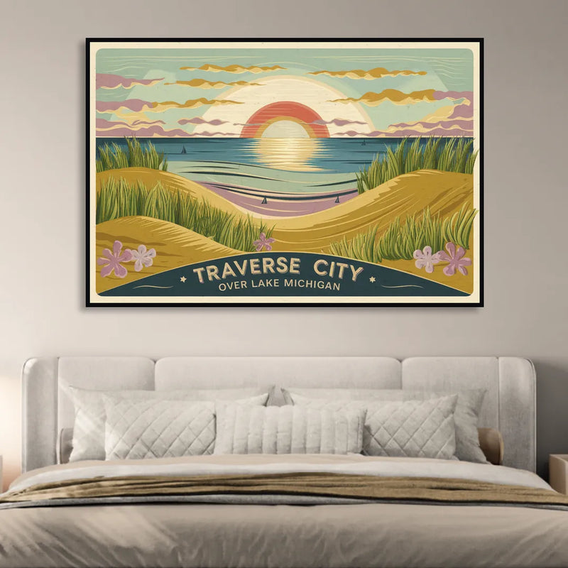 Traverse City Sunset Over Lake Michigan Sitting Room - Black Canvas Wall Art