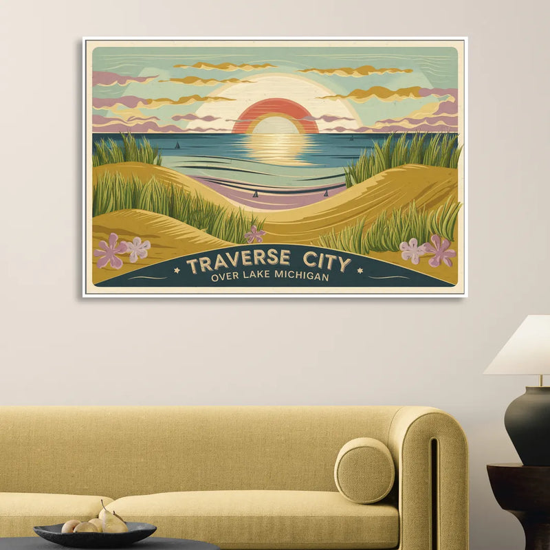 Traverse City Sunset Over Lake Michigan Living Room - White Canvas Wall Art
